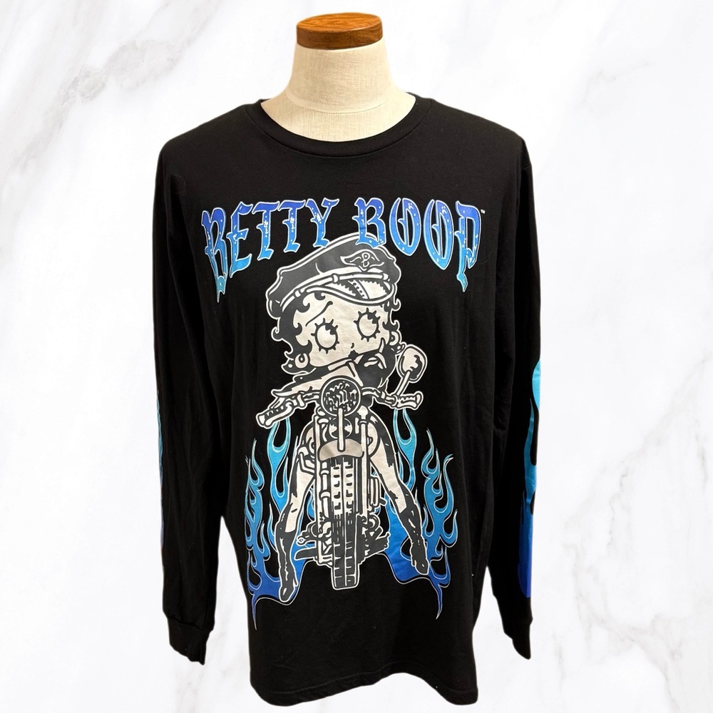 Betty Boop Women’s Black &‎ Blue Flame Biker Long Sleeved Tee, Size L